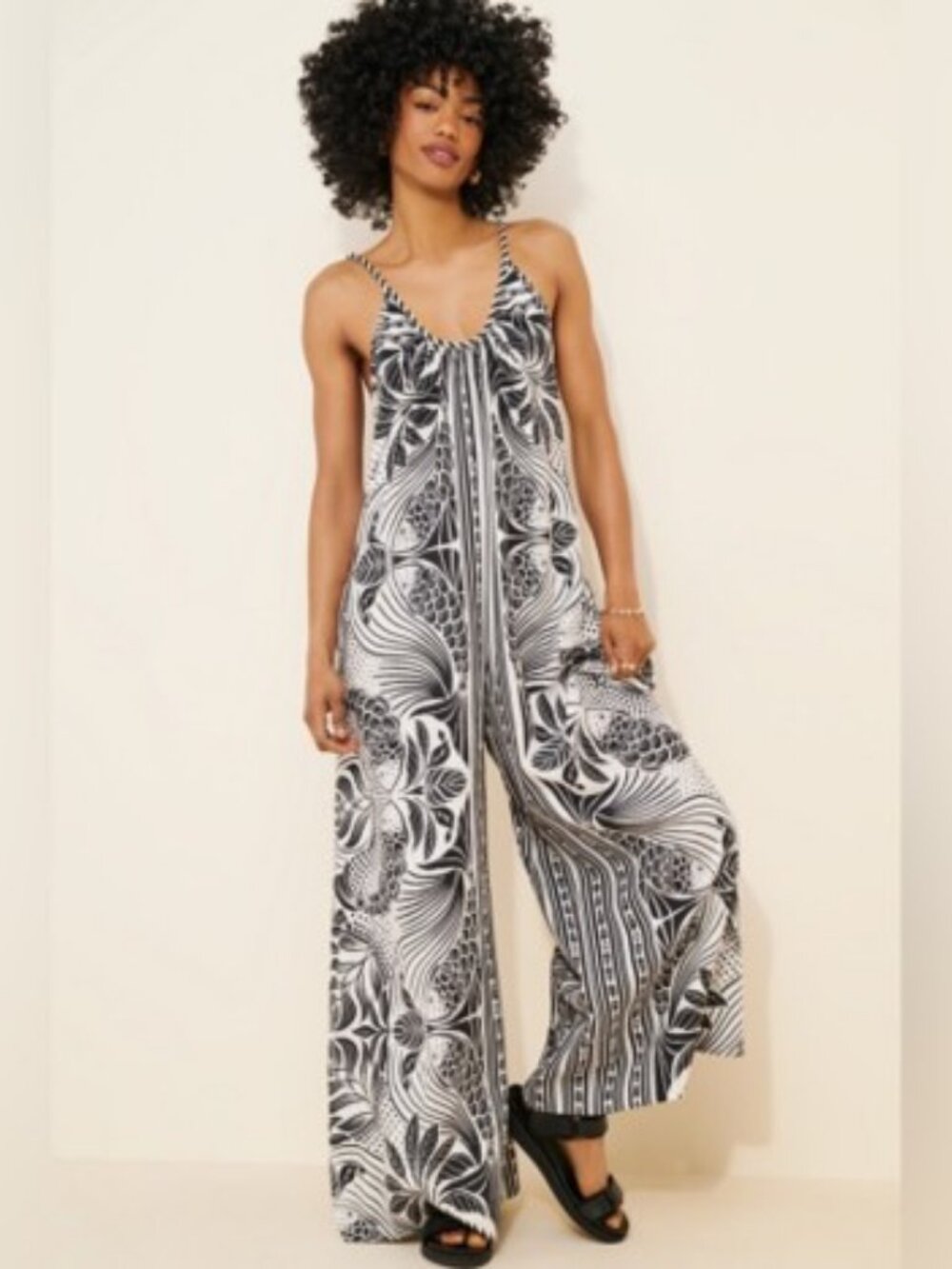 Farm Rio Elegance Scarf Linen Blend Wide-Leg Jumpsuit Black & White Pockets XL